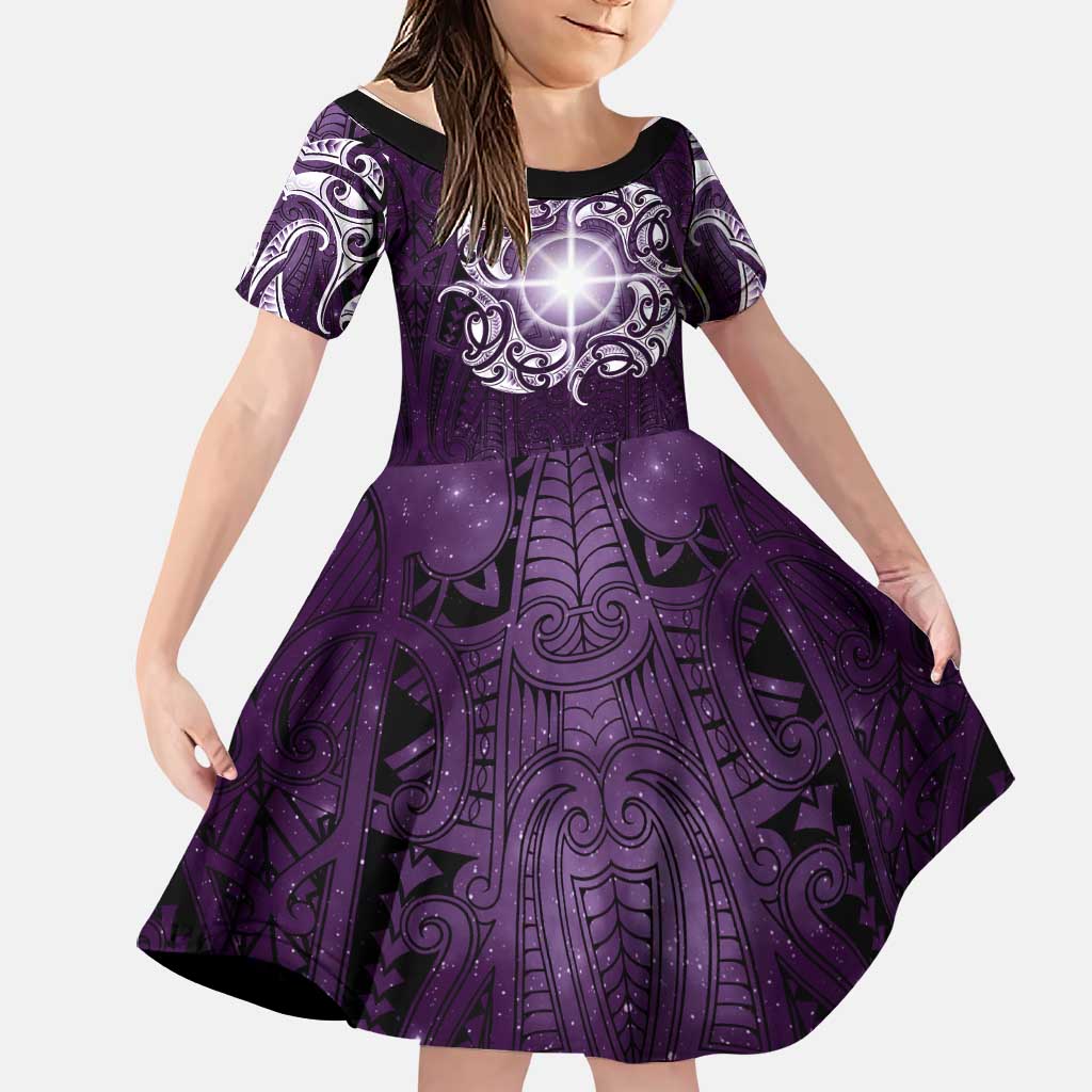 New Zealand Matariki Waipunarangi Family Matching Off Shoulder Maxi Dress and Hawaiian Shirt Maori Moko Purple Galaxy LT05 Daughter's Dress Purple - Polynesian Pride