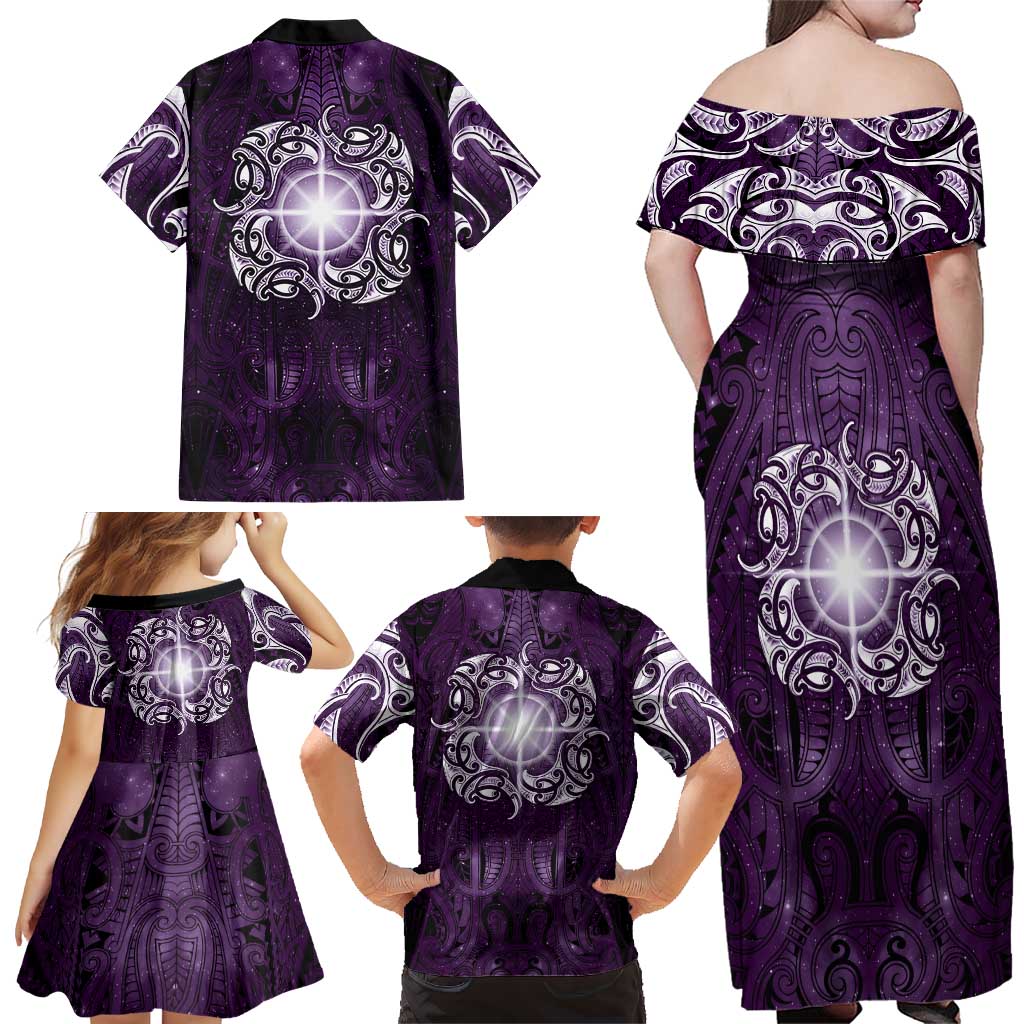 New Zealand Matariki Waipunarangi Family Matching Off Shoulder Maxi Dress and Hawaiian Shirt Maori Moko Purple Galaxy LT05 - Polynesian Pride