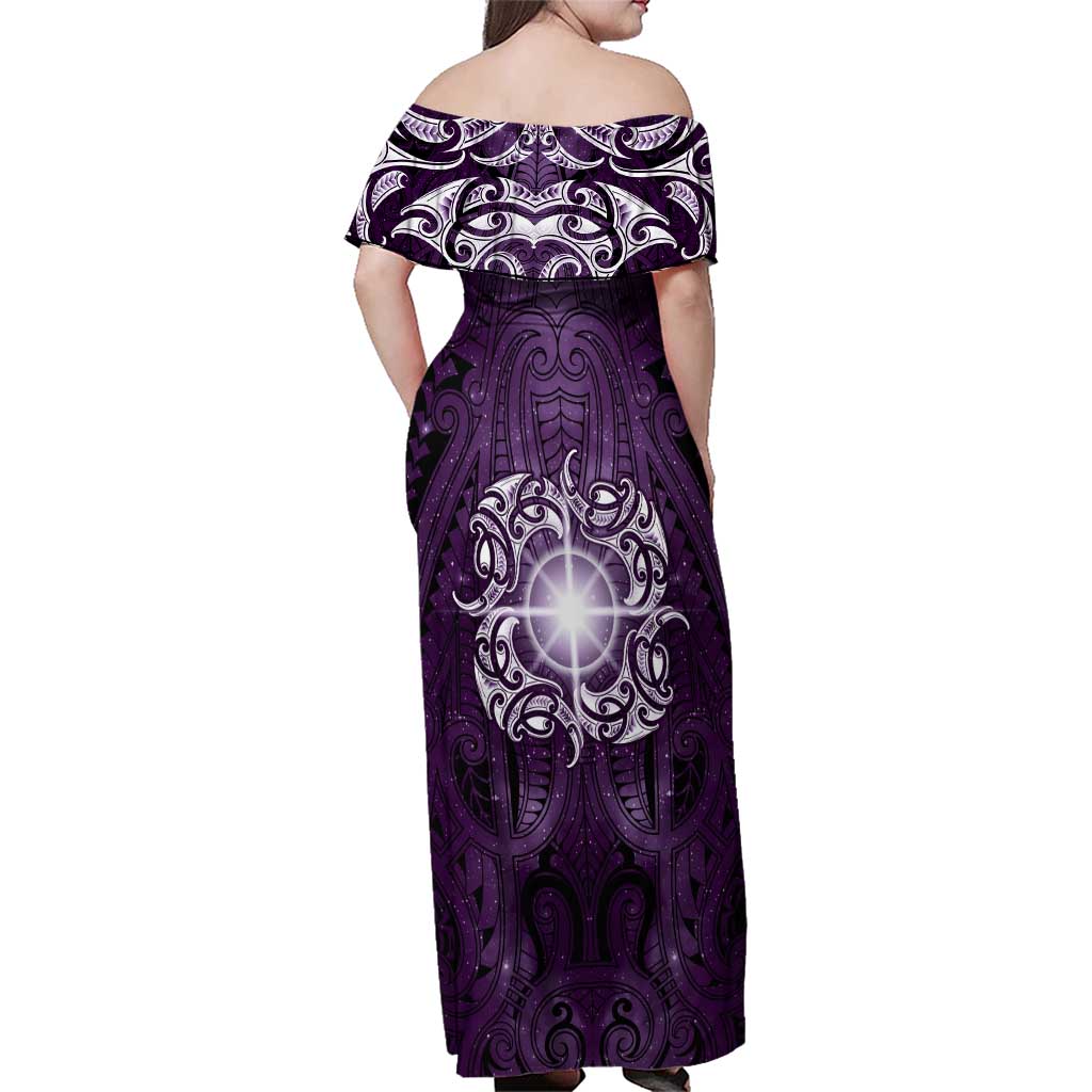 New Zealand Matariki Waipunarangi Family Matching Off Shoulder Maxi Dress and Hawaiian Shirt Maori Moko Purple Galaxy LT05 - Polynesian Pride