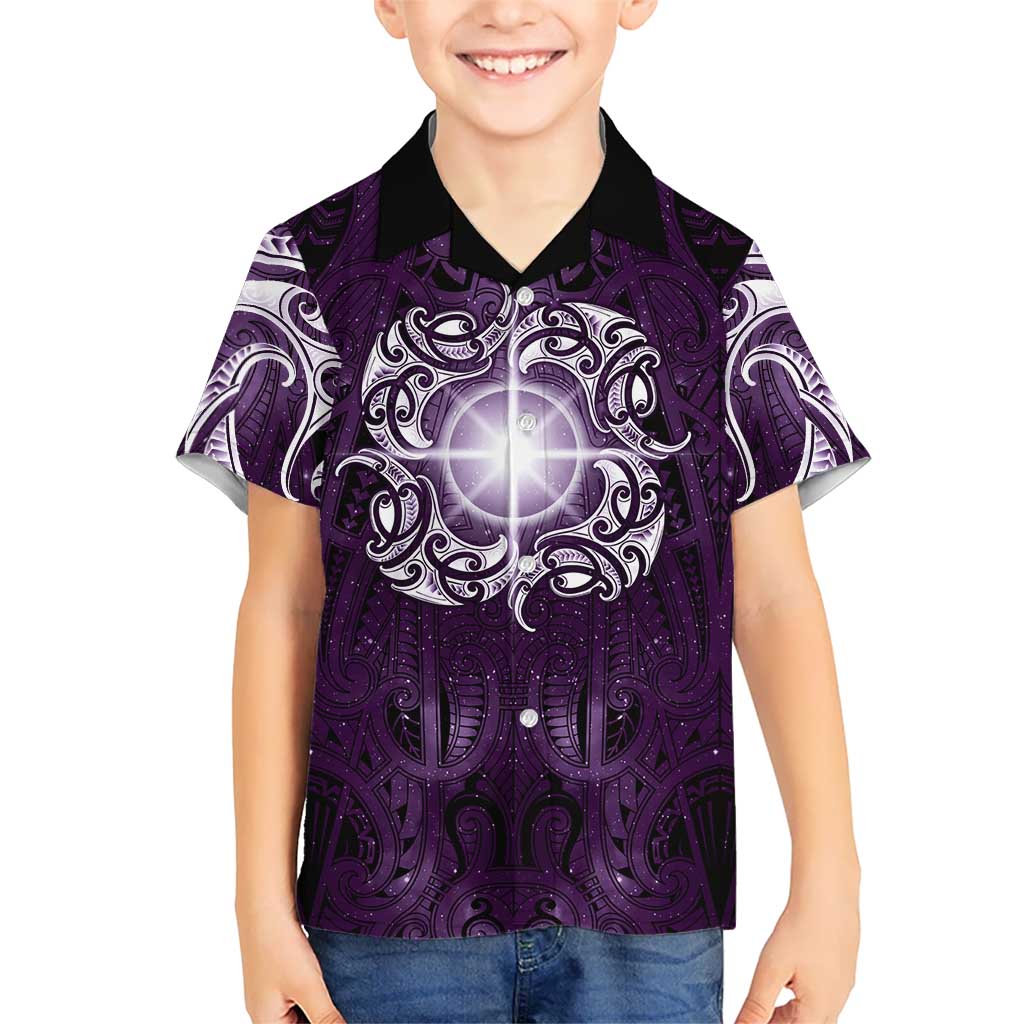 New Zealand Matariki Waipunarangi Family Matching Off Shoulder Maxi Dress and Hawaiian Shirt Maori Moko Purple Galaxy LT05 Son's Shirt Purple - Polynesian Pride