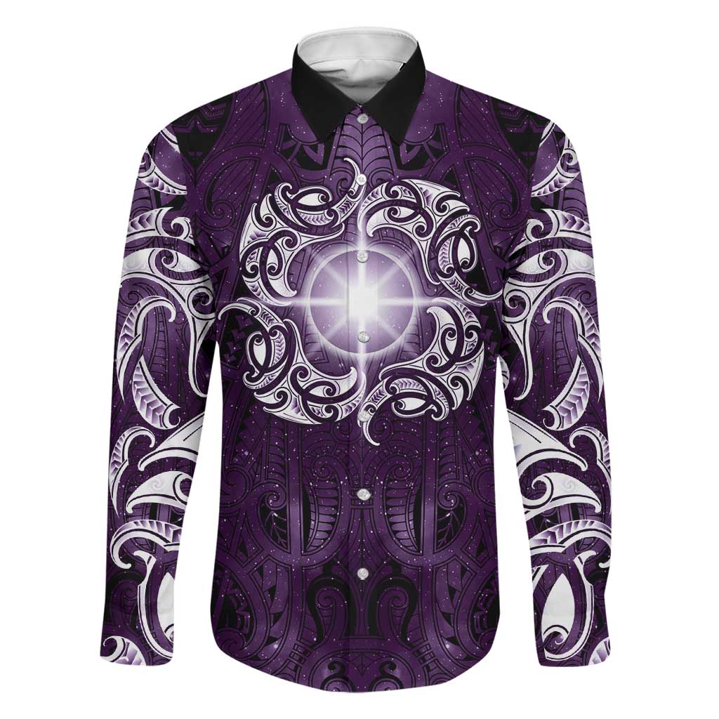 New Zealand Matariki Waipunarangi Family Matching Short Sleeve Bodycon Dress and Hawaiian Shirt Maori Moko Purple Galaxy LT05 Dad's Shirt - Long Sleeve Purple - Polynesian Pride