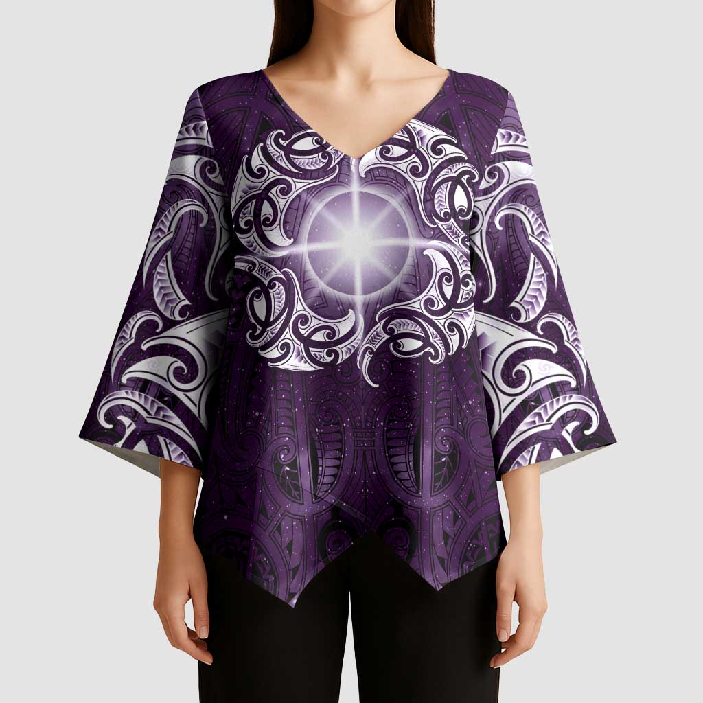 New Zealand Matariki Waipunarangi Kimono Sleeve Blouse Maori Moko Purple Galaxy LT05 - Polynesian Pride