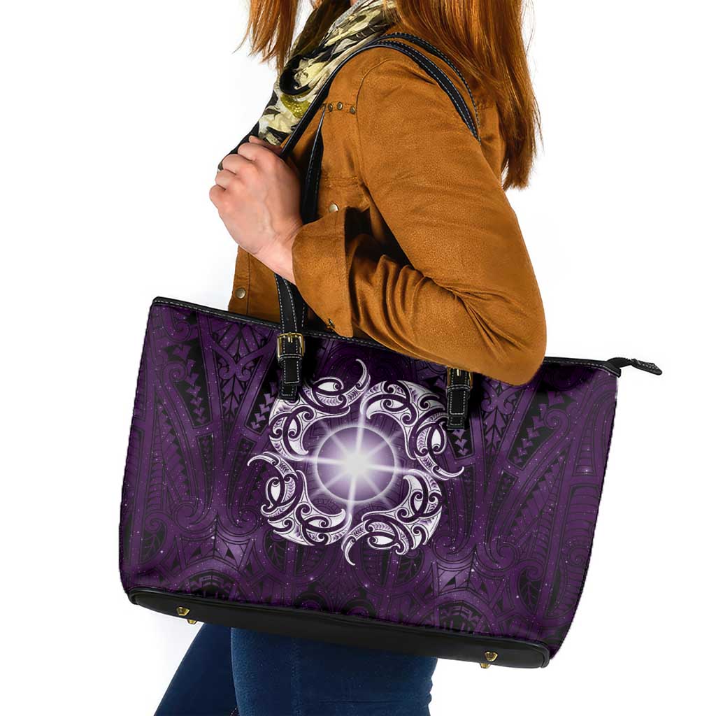 New Zealand Matariki Waipunarangi Leather Tote Bag Maori Moko Purple Galaxy LT05 Purple - Polynesian Pride