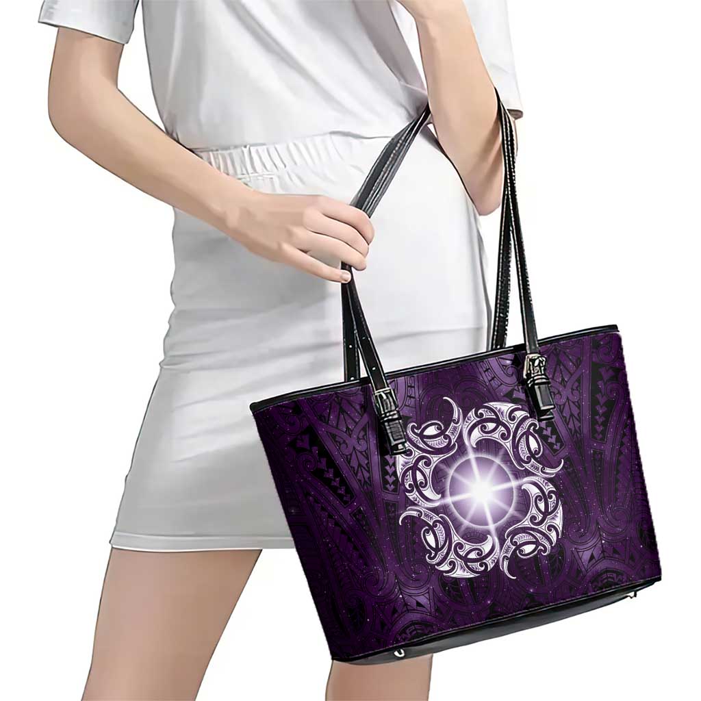 New Zealand Matariki Waipunarangi Leather Tote Bag Maori Moko Purple Galaxy LT05 - Polynesian Pride