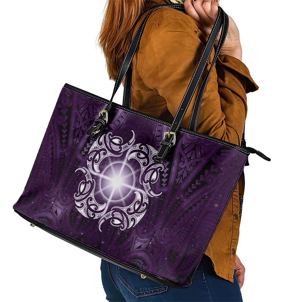 New Zealand Matariki Waipunarangi Leather Tote Bag Maori Moko Purple Galaxy LT05 - Polynesian Pride