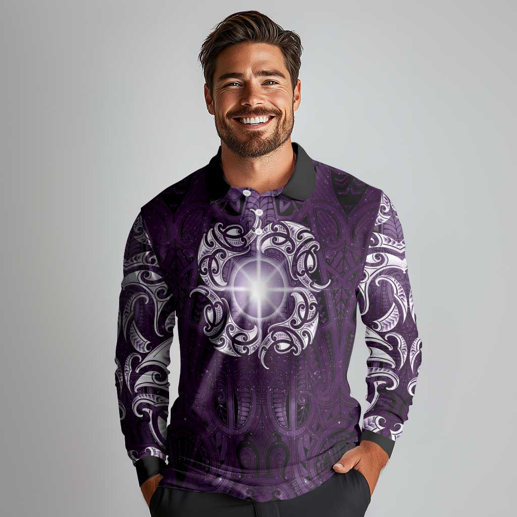New Zealand Matariki Waipunarangi Long Sleeve Polo Shirt Maori Moko Purple Galaxy LT05 - Polynesian Pride