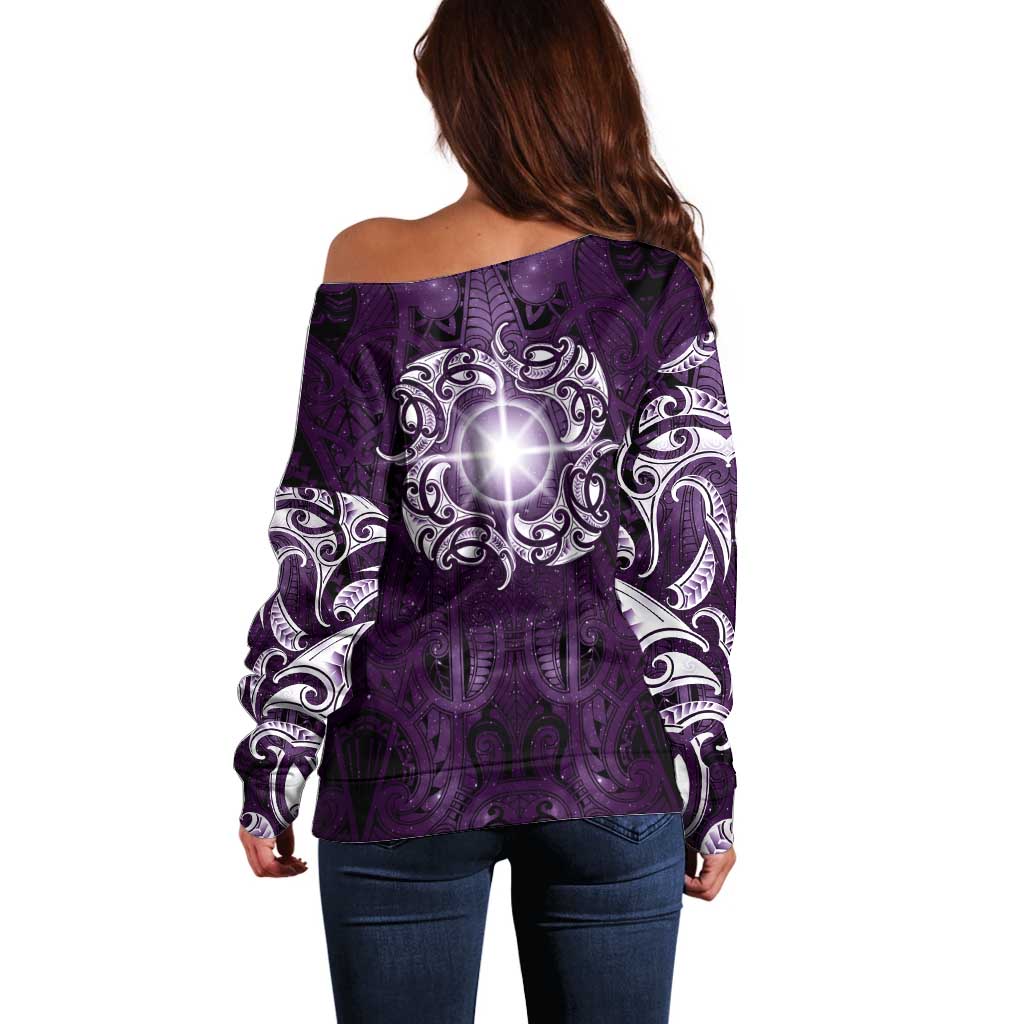 New Zealand Matariki Waipunarangi Off Shoulder Sweater Maori Moko Purple Galaxy LT05 - Polynesian Pride