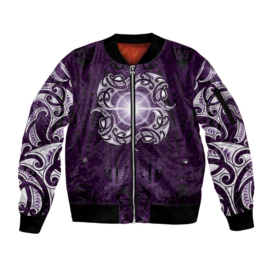 New Zealand Matariki Waipunarangi Sleeve Zip Bomber Jacket Maori Moko Purple Galaxy LT05 Unisex Purple - Polynesian Pride