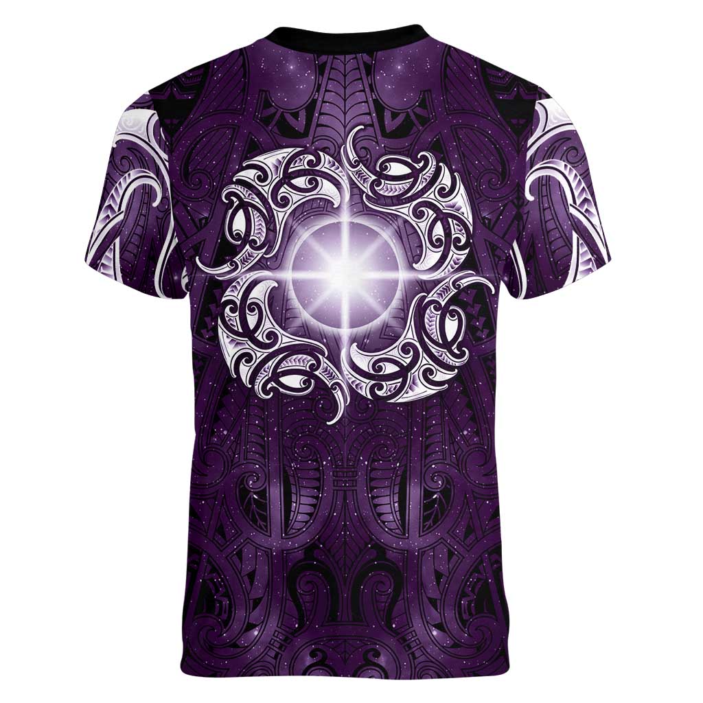 New Zealand Matariki Waipunarangi Women V-Neck T-Shirt Maori Moko Purple Galaxy LT05 - Polynesian Pride