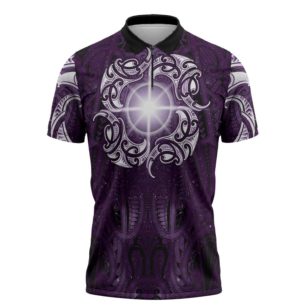 New Zealand Matariki Waipunarangi Zipper Polo Shirt Maori Moko Purple Galaxy LT05 Purple - Polynesian Pride