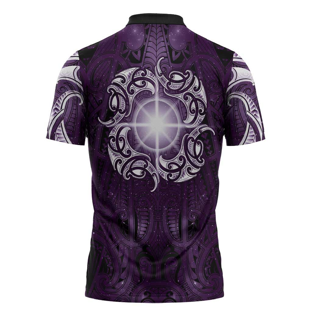 New Zealand Matariki Waipunarangi Zipper Polo Shirt Maori Moko Purple Galaxy LT05 - Polynesian Pride