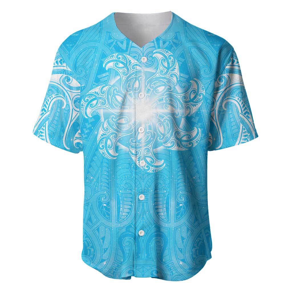 New Zealand Matariki Waiti Baseball Jersey Maori Moko Cyan Galaxy LT05 Cyan - Polynesian Pride