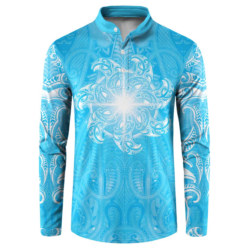 New Zealand Matariki Waiti Button Sweatshirt Maori Moko Cyan Galaxy
