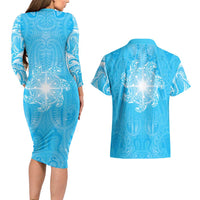 New Zealand Matariki Waiti Couples Matching Long Sleeve Bodycon Dress and Hawaiian Shirt Maori Moko Cyan Galaxy LT05 - Polynesian Pride