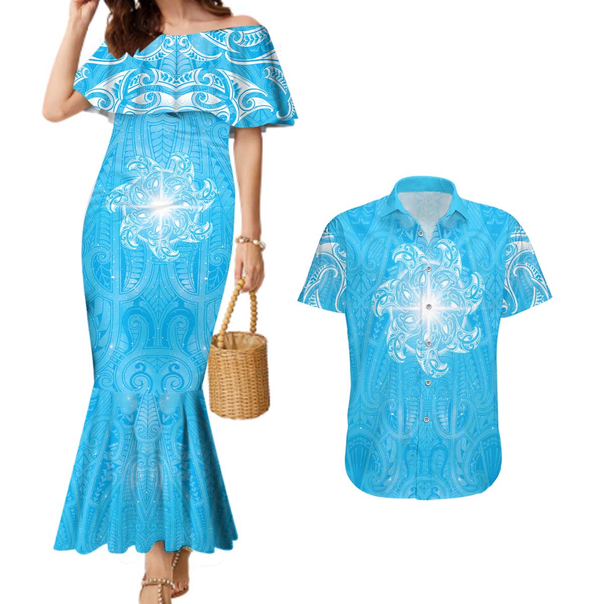 New Zealand Matariki Waiti Couples Matching Mermaid Dress and Hawaiian Shirt Maori Moko Cyan Galaxy LT05 Cyan - Polynesian Pride