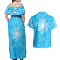 New Zealand Matariki Waiti Couples Matching Off Shoulder Maxi Dress and Hawaiian Shirt Maori Moko Cyan Galaxy LT05 - Polynesian Pride