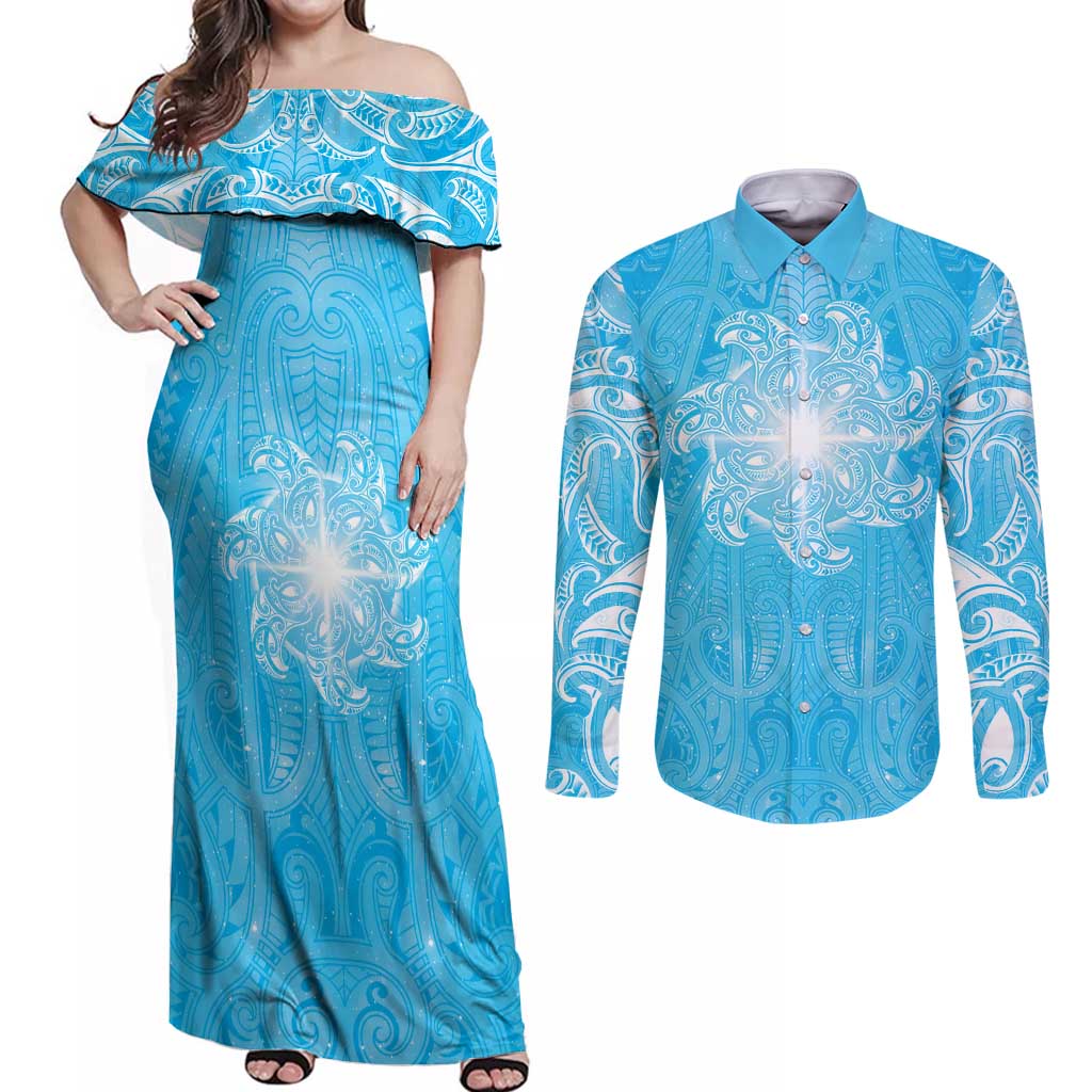 New Zealand Matariki Waiti Couples Matching Off Shoulder Maxi Dress and Long Sleeve Button Shirt Maori Moko Cyan Galaxy LT05 Cyan - Polynesian Pride