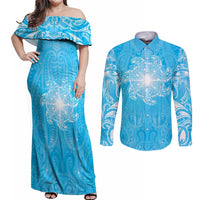 New Zealand Matariki Waiti Couples Matching Off Shoulder Maxi Dress and Long Sleeve Button Shirt Maori Moko Cyan Galaxy LT05 Cyan - Polynesian Pride