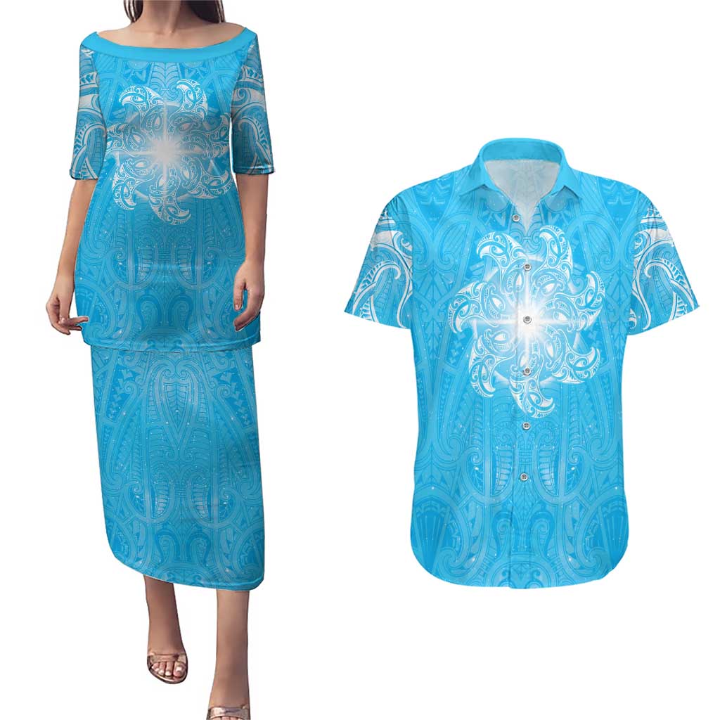 New Zealand Matariki Waiti Couples Matching Puletasi and Hawaiian Shirt Maori Moko Cyan Galaxy LT05 Cyan - Polynesian Pride