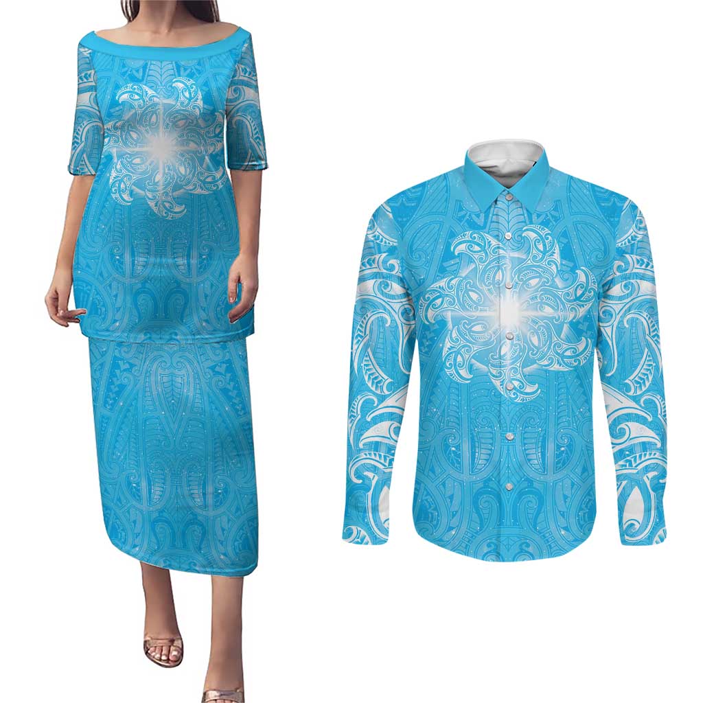 New Zealand Matariki Waiti Couples Matching Puletasi and Long Sleeve Button Shirt Maori Moko Cyan Galaxy LT05 Cyan - Polynesian Pride