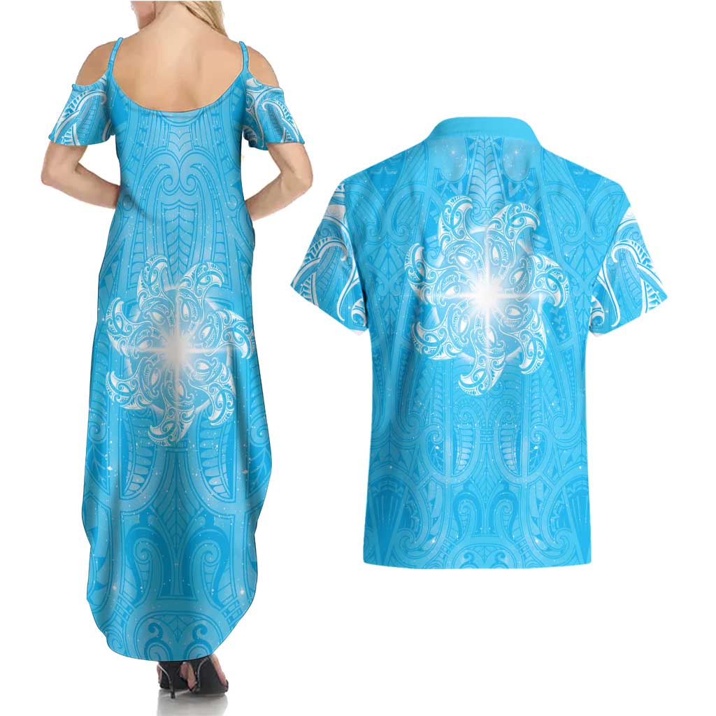 New Zealand Matariki Waiti Couples Matching Summer Maxi Dress and Hawaiian Shirt Maori Moko Cyan Galaxy LT05 - Polynesian Pride