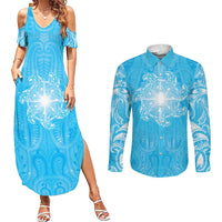 New Zealand Matariki Waiti Couples Matching Summer Maxi Dress and Long Sleeve Button Shirt Maori Moko Cyan Galaxy LT05 Cyan - Polynesian Pride