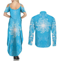 New Zealand Matariki Waiti Couples Matching Summer Maxi Dress and Long Sleeve Button Shirt Maori Moko Cyan Galaxy LT05 - Polynesian Pride