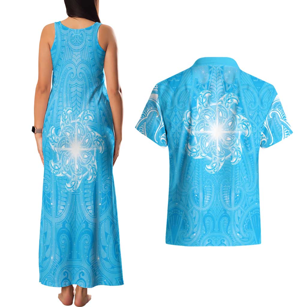New Zealand Matariki Waiti Couples Matching Tank Maxi Dress and Hawaiian Shirt Maori Moko Cyan Galaxy LT05 - Polynesian Pride