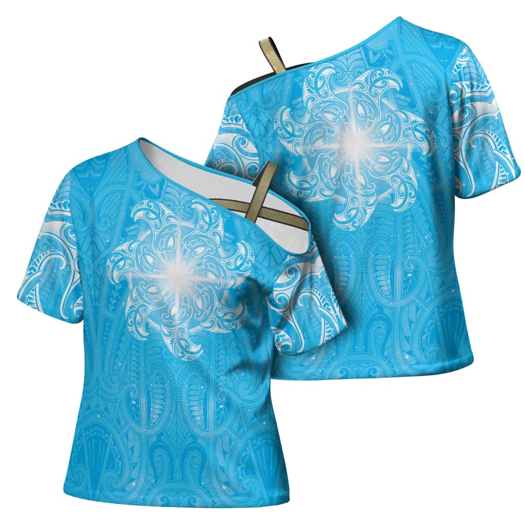 New Zealand Matariki Waiti Cross Shoulder Shirt Maori Moko Cyan Galaxy