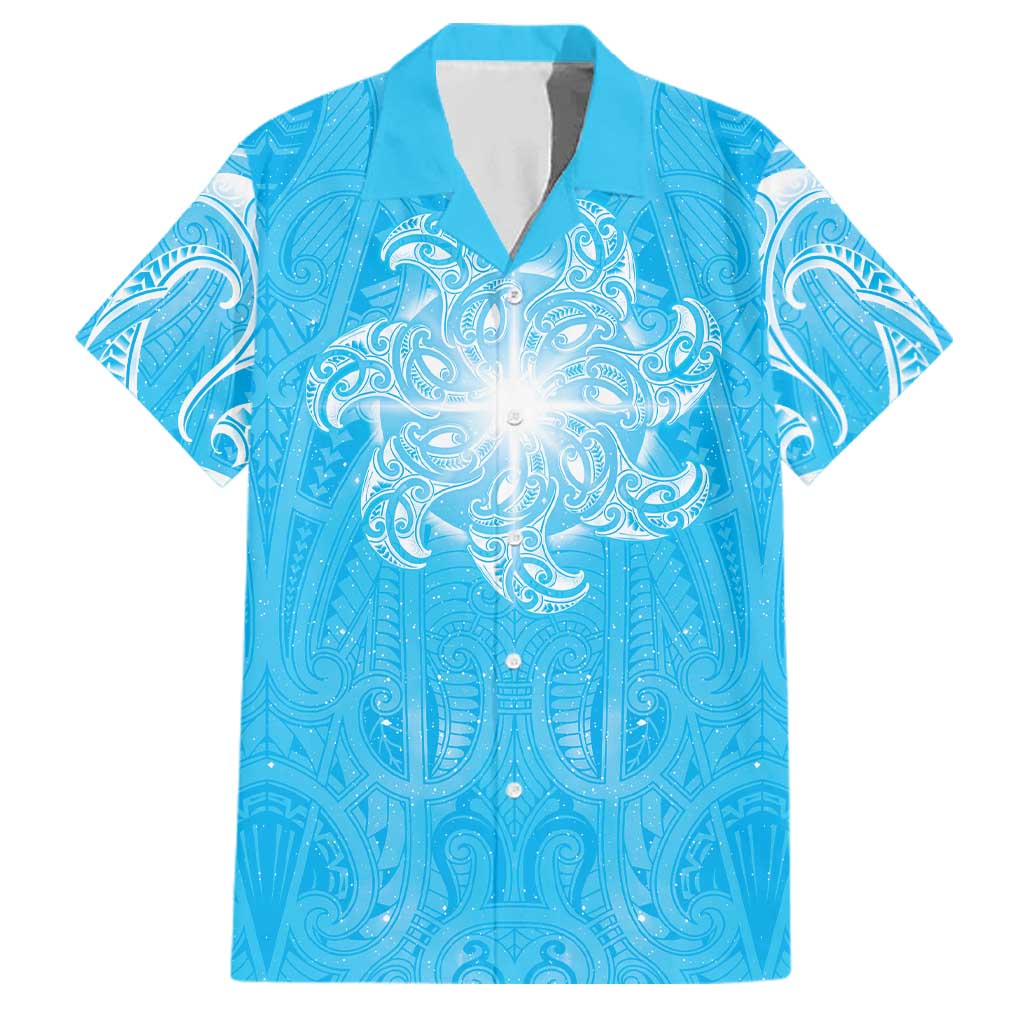 New Zealand Matariki Waiti Family Matching Long Sleeve Bodycon Dress and Hawaiian Shirt Maori Moko Cyan Galaxy LT05 Dad's Shirt - Short Sleeve Cyan - Polynesian Pride