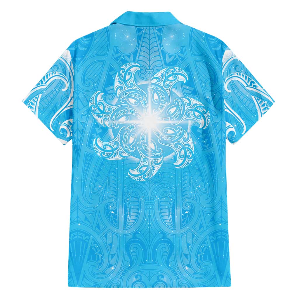 New Zealand Matariki Waiti Family Matching Long Sleeve Bodycon Dress and Hawaiian Shirt Maori Moko Cyan Galaxy LT05 - Polynesian Pride