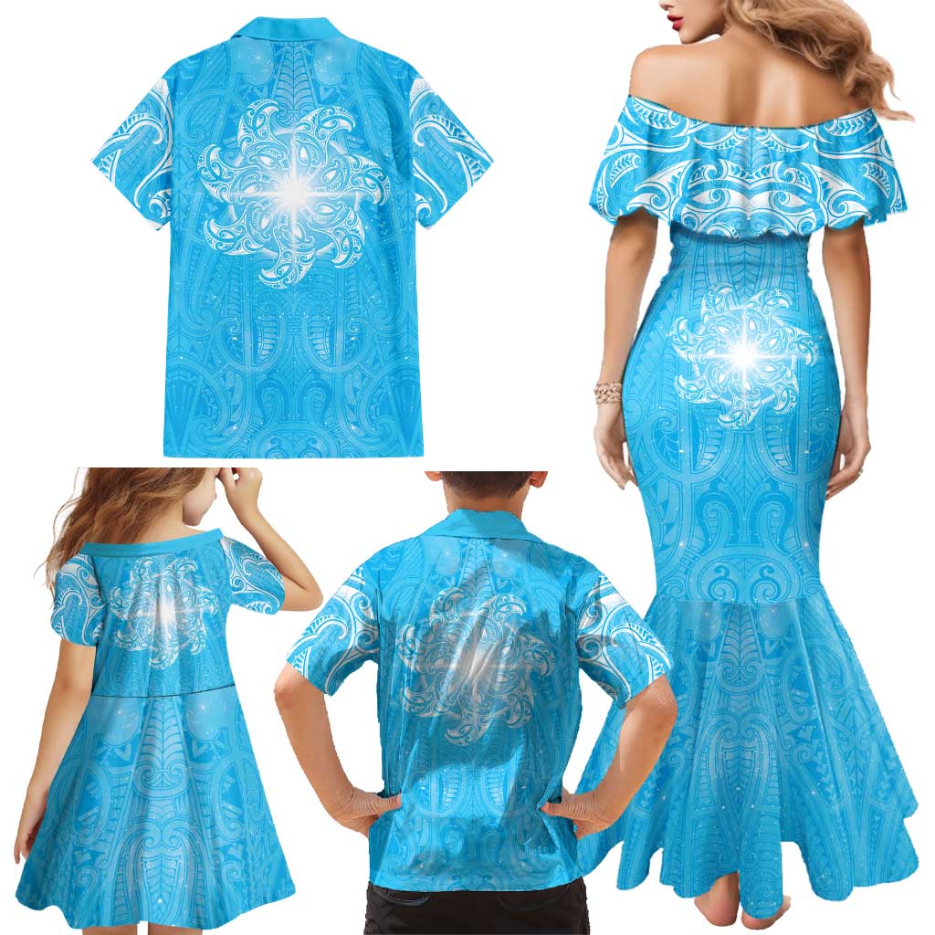 New Zealand Matariki Waiti Family Matching Mermaid Dress and Hawaiian Shirt Maori Moko Cyan Galaxy LT05 - Polynesian Pride