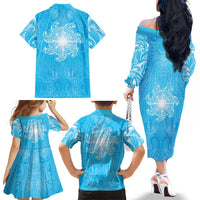 New Zealand Matariki Waiti Family Matching Off The Shoulder Long Sleeve Dress and Hawaiian Shirt Maori Moko Cyan Galaxy LT05 - Polynesian Pride