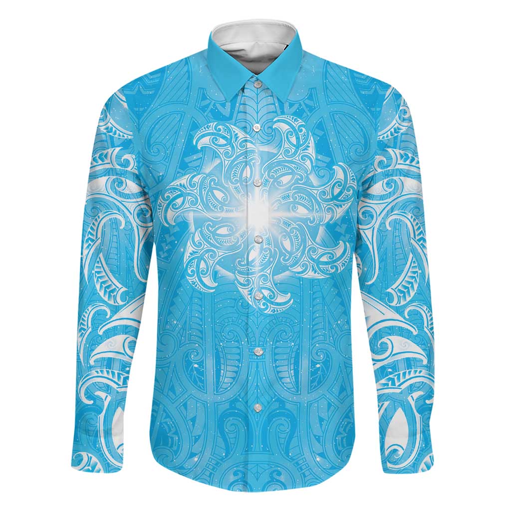 New Zealand Matariki Waiti Family Matching Off The Shoulder Long Sleeve Dress and Hawaiian Shirt Maori Moko Cyan Galaxy LT05 Dad's Shirt - Long Sleeve Cyan - Polynesian Pride