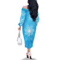 New Zealand Matariki Waiti Family Matching Off The Shoulder Long Sleeve Dress and Hawaiian Shirt Maori Moko Cyan Galaxy LT05 - Polynesian Pride