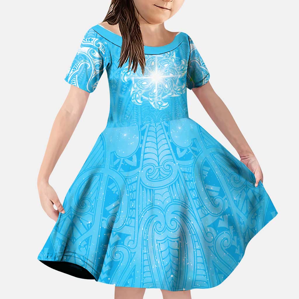 New Zealand Matariki Waiti Family Matching Puletasi and Hawaiian Shirt Maori Moko Cyan Galaxy LT05 Daughter's Dress Cyan - Polynesian Pride
