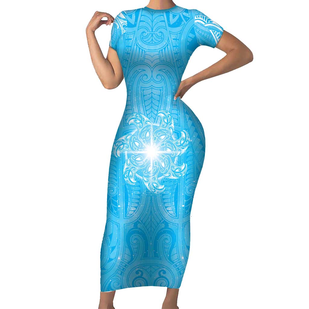 New Zealand Matariki Waiti Family Matching Short Sleeve Bodycon Dress and Hawaiian Shirt Maori Moko Cyan Galaxy LT05 Mom's Dress Cyan - Polynesian Pride