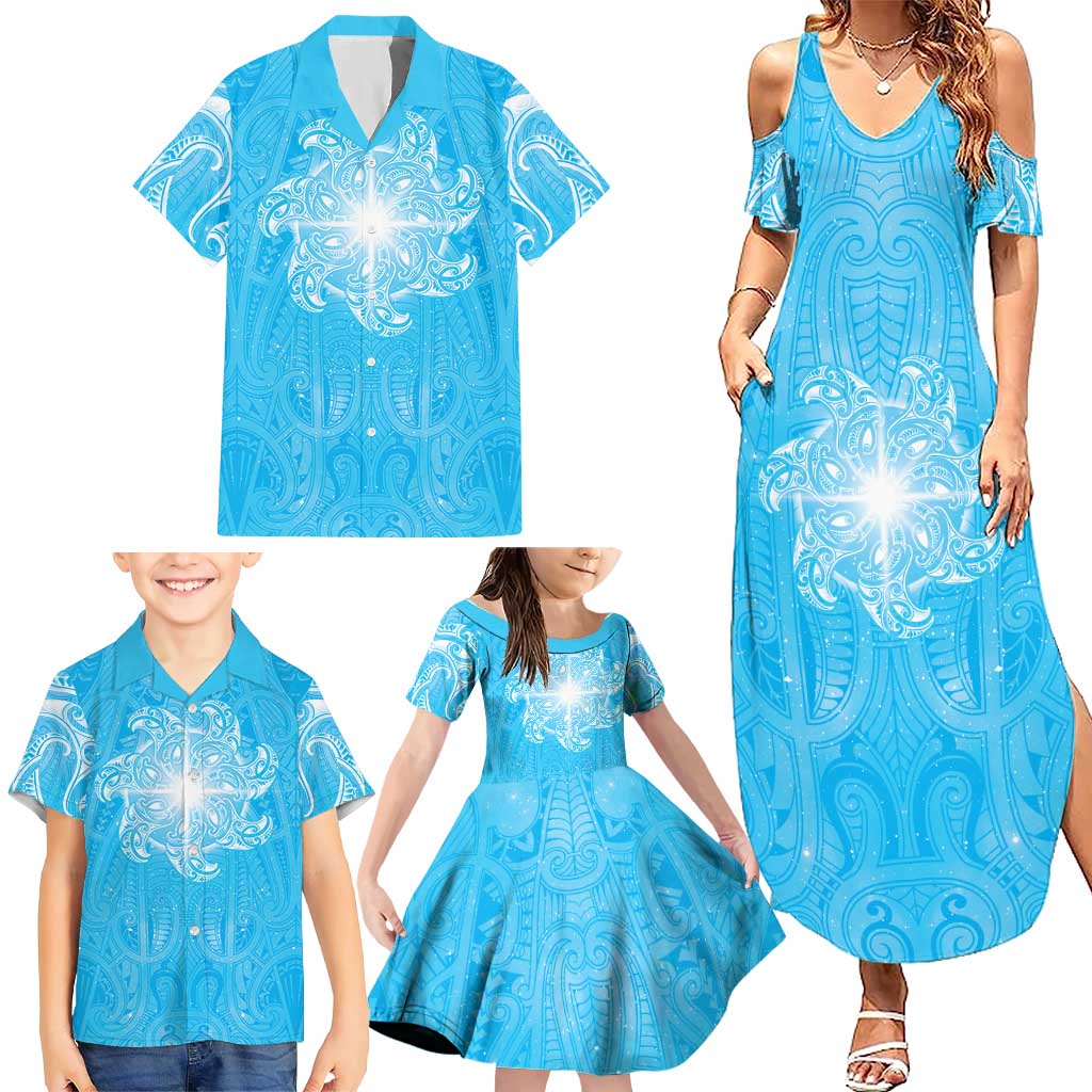 New Zealand Matariki Waiti Family Matching Summer Maxi Dress and Hawaiian Shirt Maori Moko Cyan Galaxy LT05 - Polynesian Pride