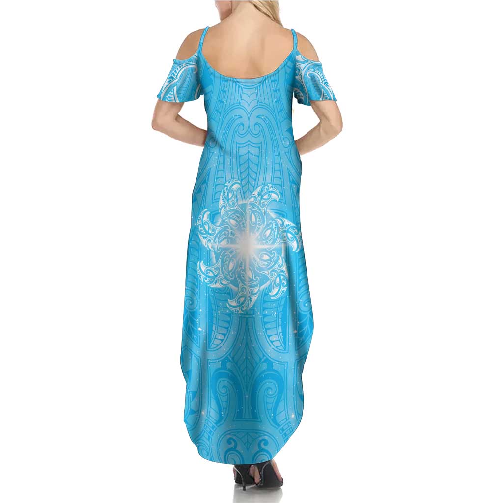 New Zealand Matariki Waiti Family Matching Summer Maxi Dress and Hawaiian Shirt Maori Moko Cyan Galaxy LT05 - Polynesian Pride