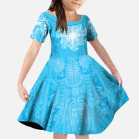 New Zealand Matariki Waiti Family Matching Tank Maxi Dress and Hawaiian Shirt Maori Moko Cyan Galaxy LT05 Daughter's Dress Cyan - Polynesian Pride
