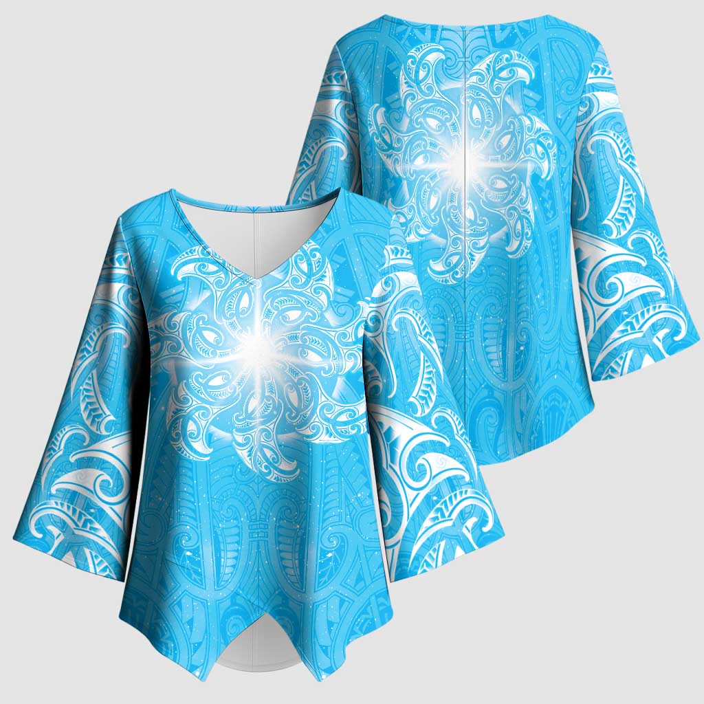 New Zealand Matariki Waiti Kimono Sleeve Blouse Maori Moko Cyan Galaxy