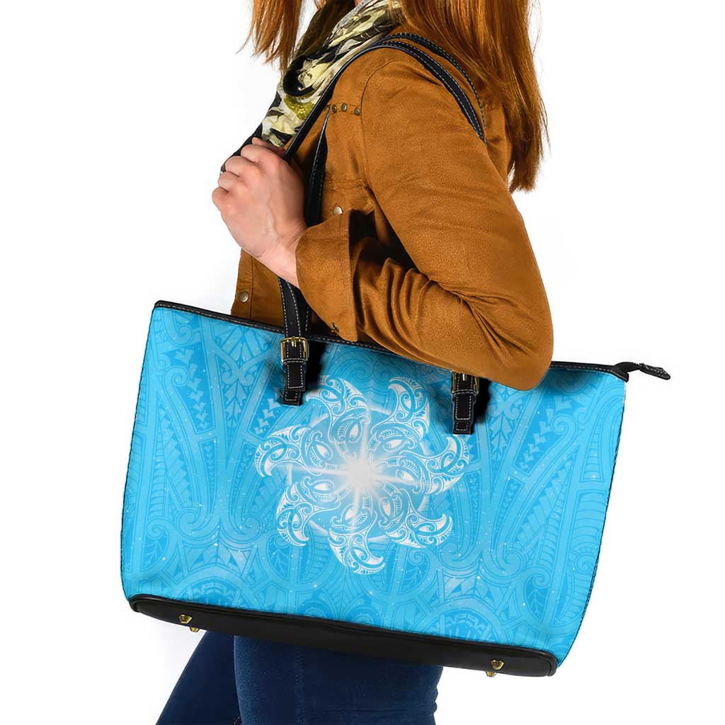 New Zealand Matariki Waiti Leather Tote Bag Maori Moko Cyan Galaxy