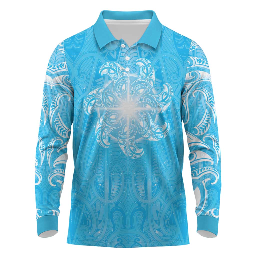 New Zealand Matariki Waiti Long Sleeve Polo Shirt Maori Moko Cyan Galaxy LT05 Cyan - Polynesian Pride
