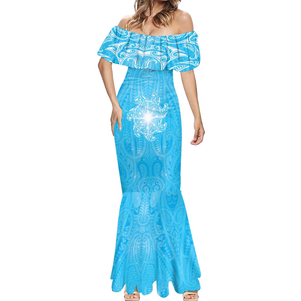 New Zealand Matariki Waiti Mermaid Dress Maori Moko Cyan Galaxy LT05 - Polynesian Pride
