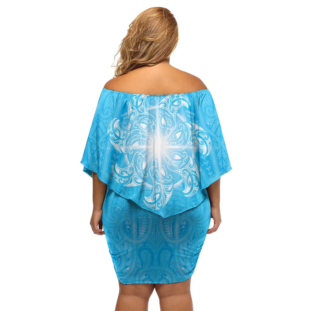 New Zealand Matariki Waiti Off Shoulder Short Dress Maori Moko Cyan Galaxy