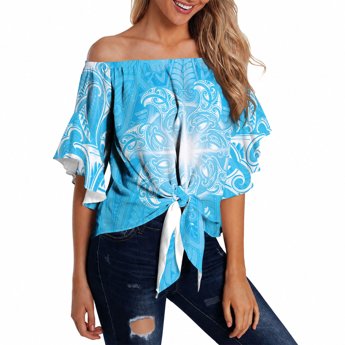 New Zealand Matariki Waiti Off Shoulder Wrap Waist Top Maori Moko Cyan Galaxy LT05 - Polynesian Pride