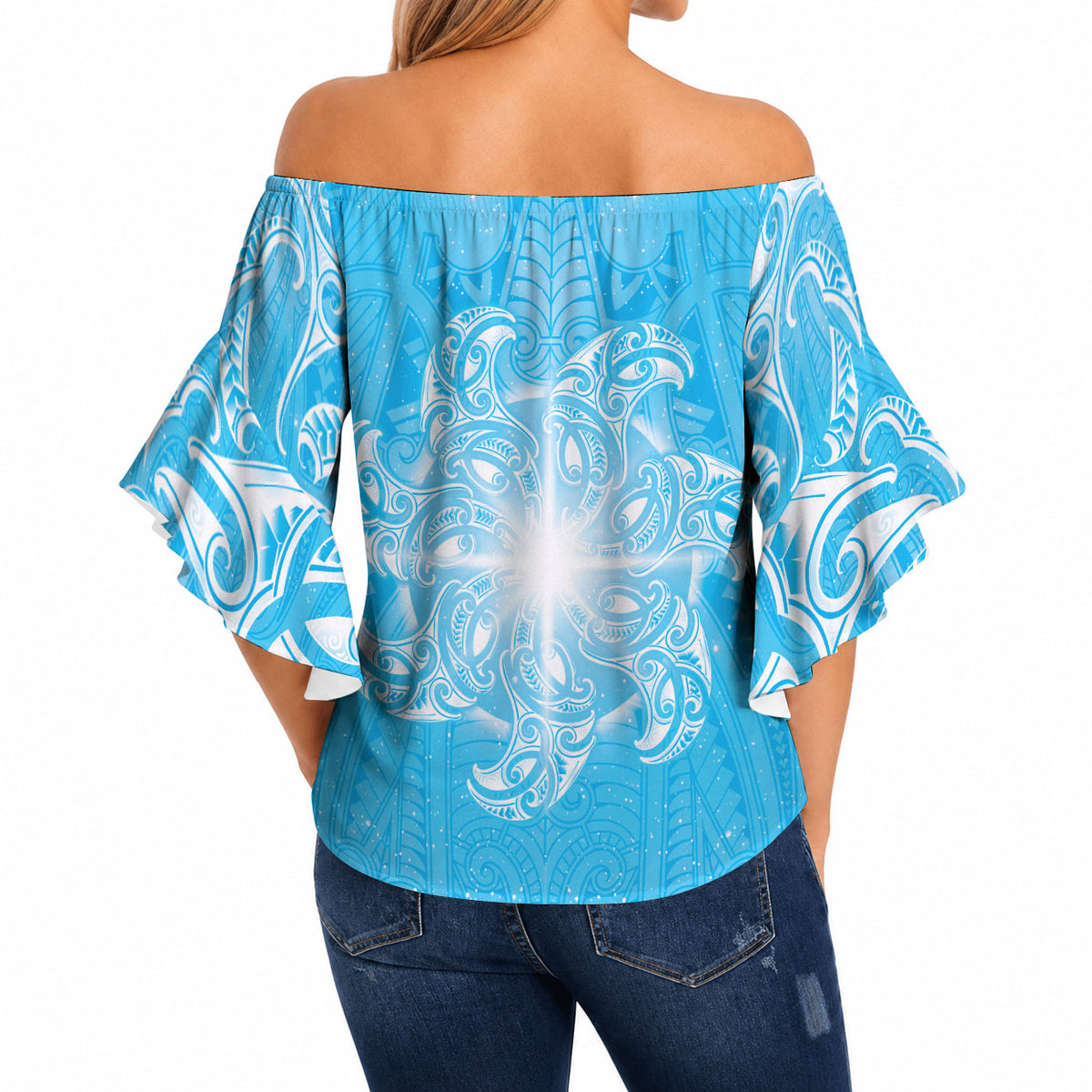 New Zealand Matariki Waiti Off Shoulder Wrap Waist Top Maori Moko Cyan Galaxy LT05 - Polynesian Pride