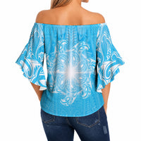 New Zealand Matariki Waiti Off Shoulder Wrap Waist Top Maori Moko Cyan Galaxy LT05 - Polynesian Pride