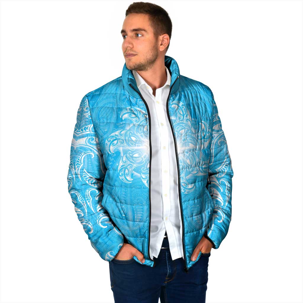New Zealand Matariki Waiti Padded Jacket Maori Moko Cyan Galaxy