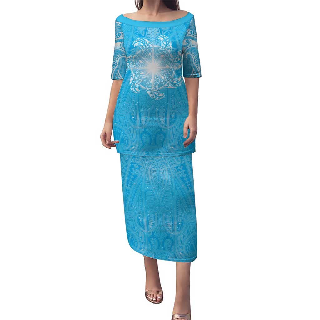 New Zealand Matariki Waiti Puletasi Maori Moko Cyan Galaxy LT05 Long Dress Cyan - Polynesian Pride
